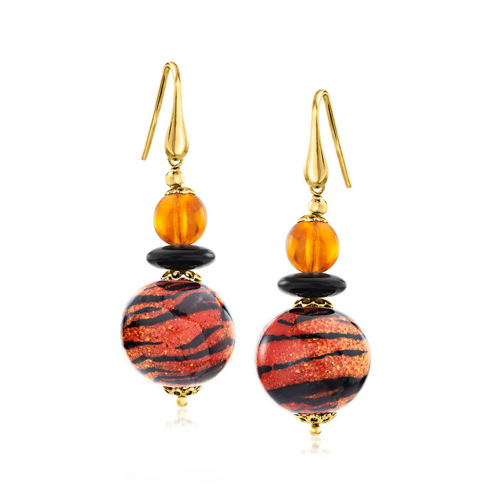 Italian Tiger-Print Murano Glass Bead Drop Earrings in 18kt Gold Over Sterling