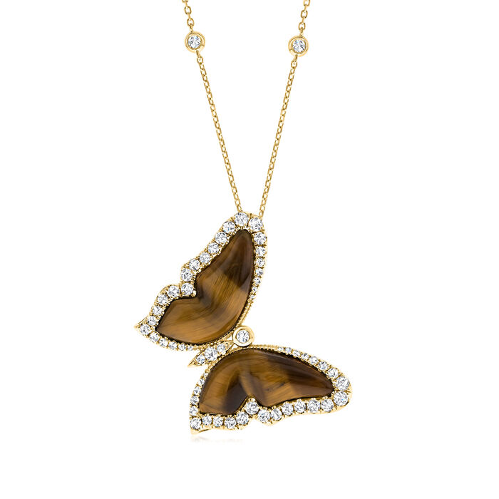 Tiger Eye and 1.05 ct. t.w. Diamond Butterfly Pendant Necklace in 14kt Yellow Gold