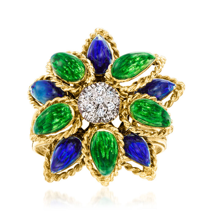 C. 1960 Vintage Blue and Green Enamel Flower Ring with .10 ct. t.w. Diamonds in 18kt Yellow Gold