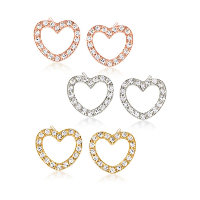 Italian 1.05 ct. t.w. CZ Jewelry Set: Three Pairs of Heart Earrings in Tri-Colored Sterling Silver
