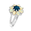 Opal and 1.00 Carat London Blue Topaz Flower Ring with .40 ct. t.w. White Topaz in Sterling Silver
