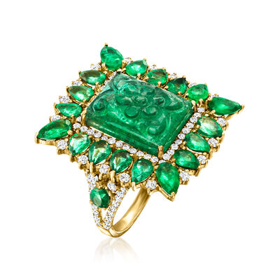 9.80 ct. t.w. Emerald Flower Ring with .82 ct. t.w. Diamonds in 18kt Yellow Gold