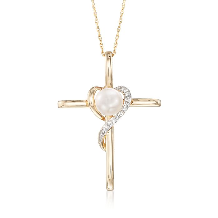 6-6.5mm Cultured Pearl Cross Pendant Necklace With Diamond Accents in 14kt Yellow Gold