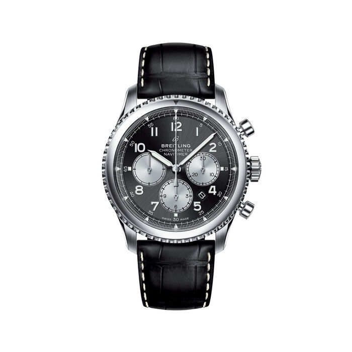 Breitling Navitimer 8 B01s Men's 43mm Auto Chronograph Stainless Steel Watch - Black Leather Strap