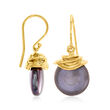 13mm Black Cultured Coin Pearl Drop Earrings in 18kt Gold Over Sterling