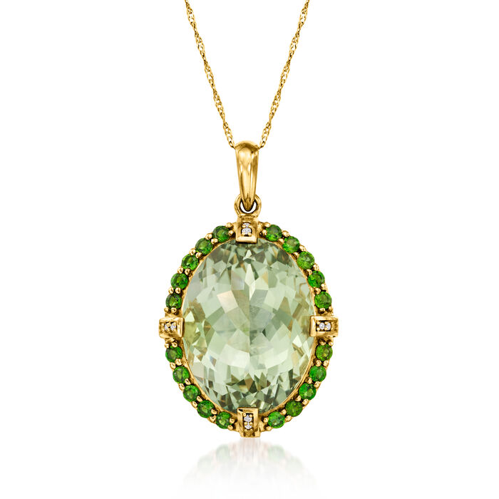 18.00 Carat Prasiolite and .80 ct. t.w. Chrome Diopside Pendant with Diamond Accents in 14kt Yellow Gold
