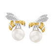 8-8.5mm Cultured Pearl Bumblebee Earrings with Diamond Accents in Two-Tone Sterling Silver