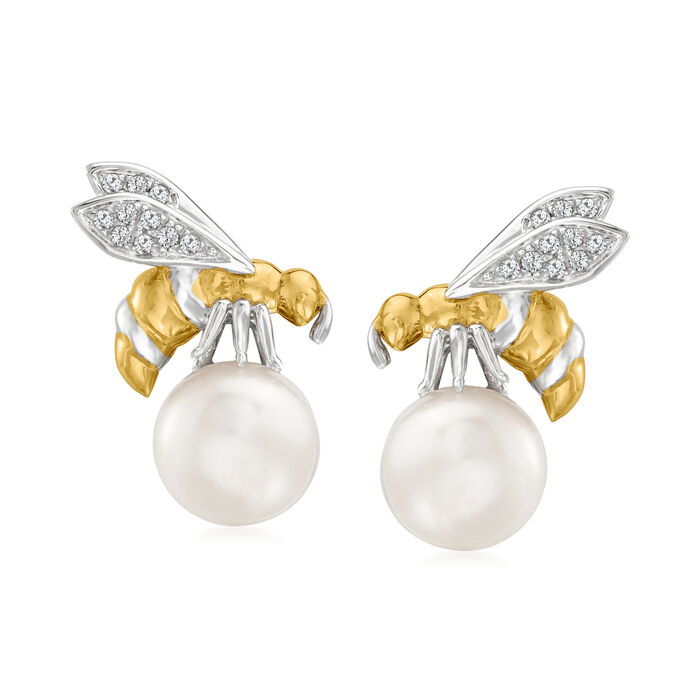 8-8.5mm Cultured Pearl Bumblebee Earrings with Diamond Accents in Two-Tone Sterling Silver