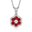 1.02 ct. t.w. Diamond and .80 ct. t.w. Ruby Flower Pendant Necklace in 14kt White Gold