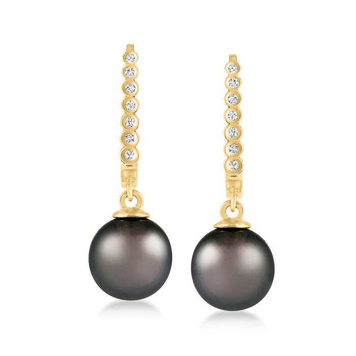 8-8.5mm Black Cultured Tahitian Pearl Drop Earrings with Diamond Accents in 14kt Yellow Gold