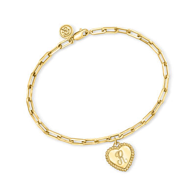 Gabriel Designs 14kt Yellow Gold Personalized Heart Charm Paper Clip Link Bracelet