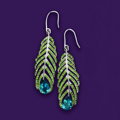 5.50 ct. t.w. London Blue Topaz and 3.30 ct. t.w. Green Tourmaline Feather Earrings in Sterling Silver