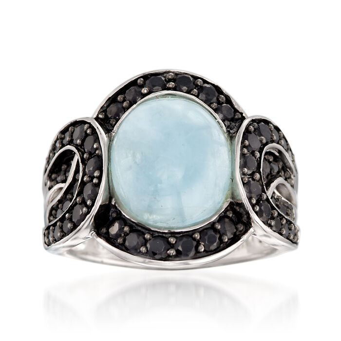 3.80 Carat Cabochon Aquamarine and Black Spinel Ring in Sterling Silver