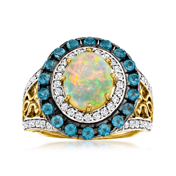Opal Ring with 1.00 ct. t.w. London Blue Topaz and .70 ct. t.w. White Zircon in 18kt Gold Over Sterling