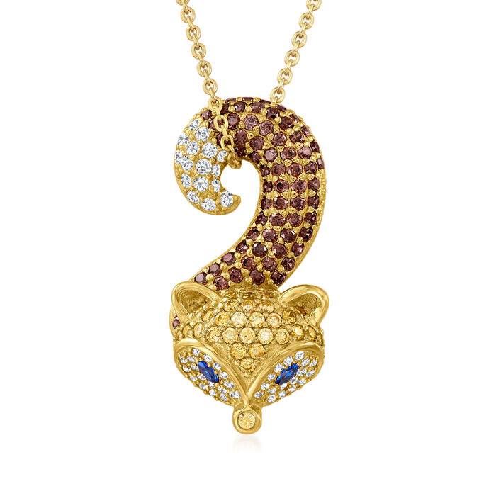 2.20 ct. t.w. Multicolored CZ Fox Pendant Necklace with Simulated Sapphire Accents in 18kt Gold Over Sterling