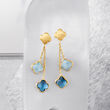 Italian 1.90 ct. t.w. London Blue Topaz and 1.40 ct. t.w. Aquamarine Flower Drop Earrings in 14kt Yellow Gold