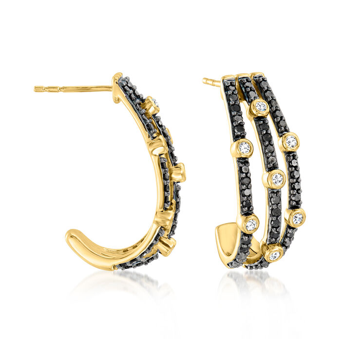 .75 ct. t.w. Black and White Diamond J-Hoop Earrings in 14kt Yellow Gold