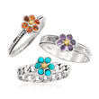 Turquoise, .50 ct. t.w. Garnet and .20 ct. t.w. Amethyst Jewelry Set: Three Flower Rings in Sterling Silver
