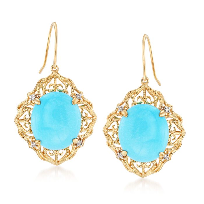 Sleeping Beauty Turquoise Filigree Drop Earrings with Diamond Accents in 14kt Yellow Gold