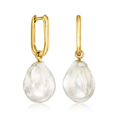 18kt Gold Over Sterling Hoop Earrings with Removable 11-12mm Cultured Baroque Pearl Drops