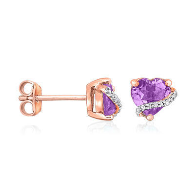 1.10 ct. t.w. Amethyst Heart Earrings with Diamond Accents in 18kt Rose Gold Over Sterling