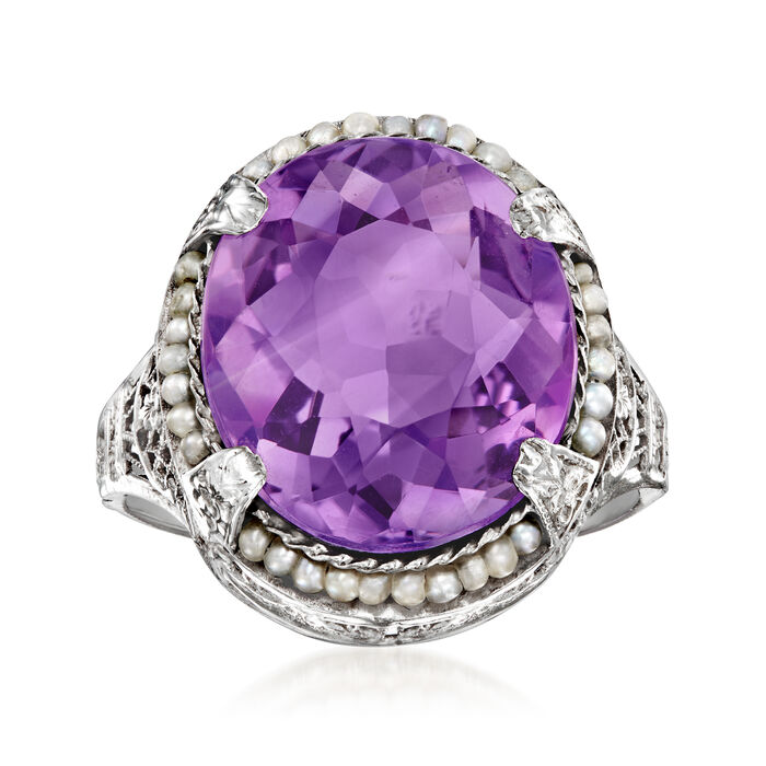 C. 1950 Vintage 6.00 Carat Amethyst Ring with Seed Pearls in 14kt White Gold
