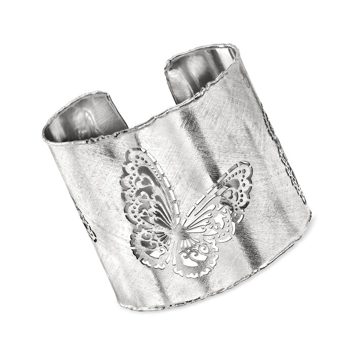 Italian Sterling Silver Brushed and Polished Openwork Butterfly Cuff Bracelet