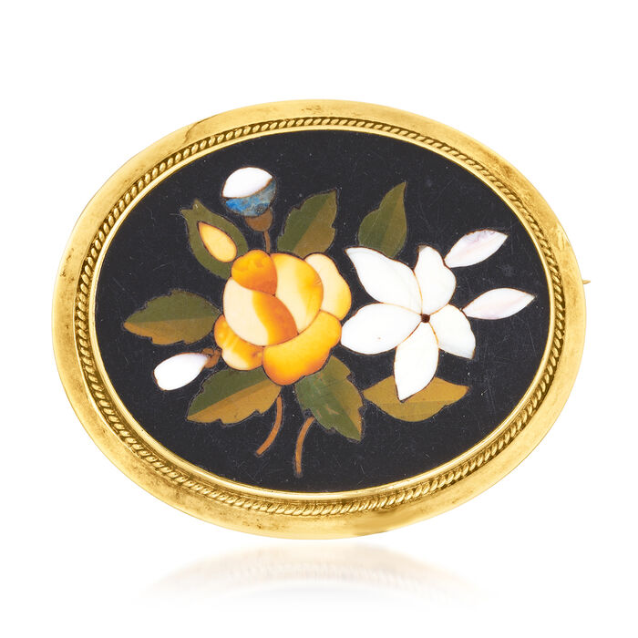 C. 1960 Vintage Multicolored Agate Pietra Dura Floral Pin in 14kt Yellow Gold