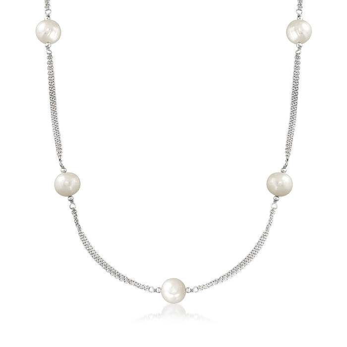 9.5-10mm Cultured Pearl Two-Strand Station Necklace in Sterling Silver