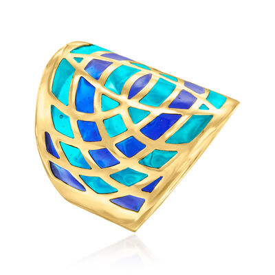 Italian Blue Enamel Wide Ring in 14kt Yellow Gold