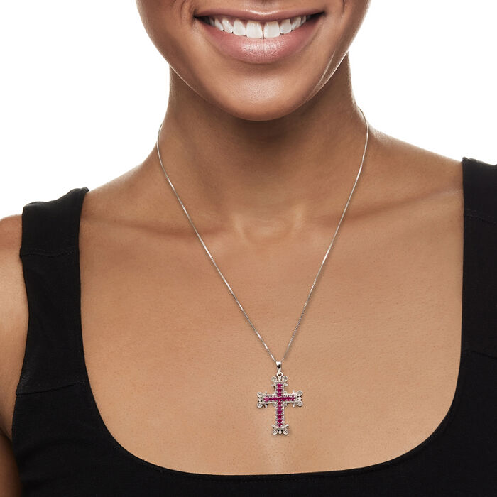 1.10 ct. t.w. Ruby Cross Pendant Necklace with Diamond Accents in Sterling Silver 18-inch
