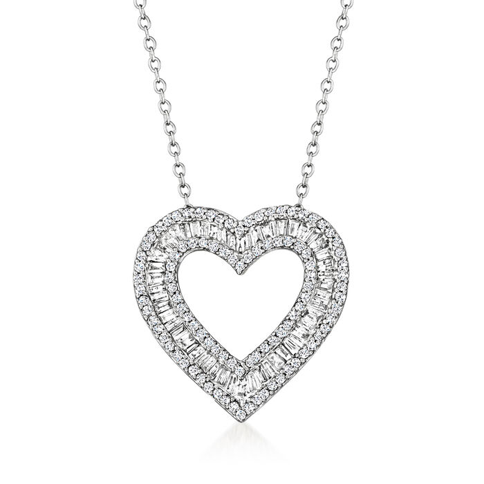 1.00 ct. t.w. Baguette and Round Diamond Heart Pendant Necklace in Sterling Silver
