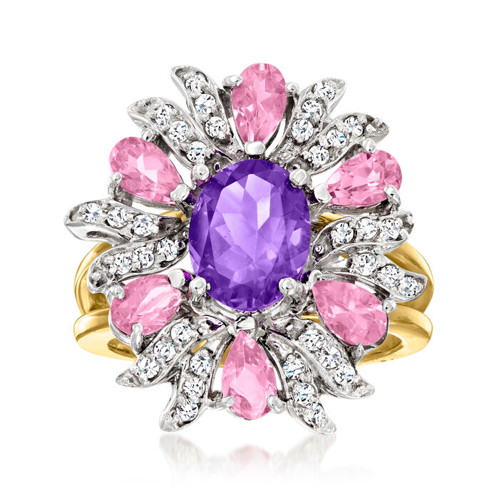 1.70 Carat Amethyst, 1.20 ct. t.w. Pink Tourmaline and .31 ct. t.w. Diamond Ring in 14kt Two-Tone Gold