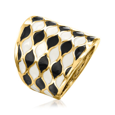 Italian Black and White Enamel Ring in 14kt Yellow Gold