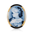C. 1990 Vintage Blue Agate Cameo, Black Onyx and Mother-Of-Pearl Pin Pendant with Diamond Accents in 18kt Yellow Gold
