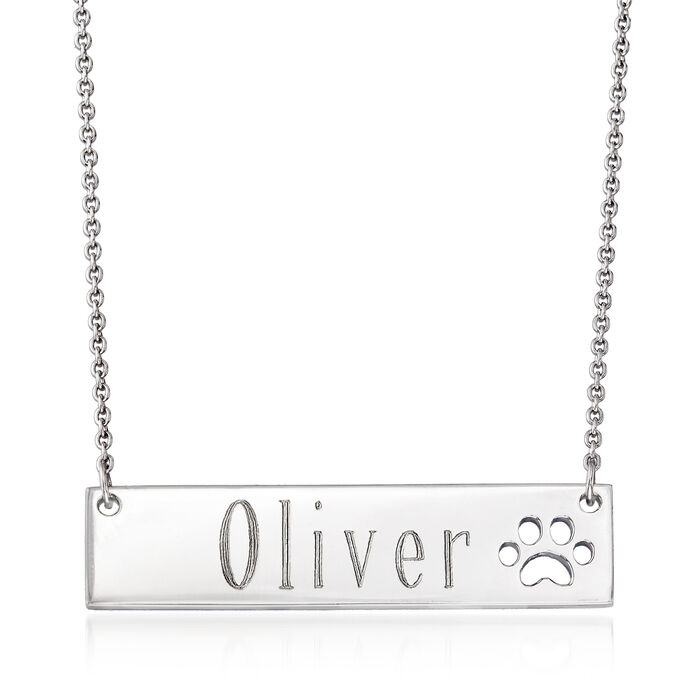 Personalized Name Bar Necklace with Paw Print in Sterling Silver