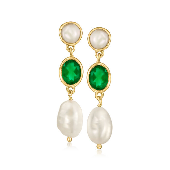 Green Chalcedony and 6-9mm Cultured Pearl Drop Earrings in 18kt Gold Over Sterling