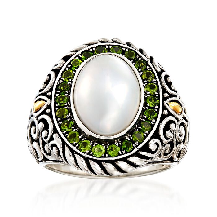 14x10mm Cultured Mabe Pearl and .80 ct. t.w. Chrome Diopside in Sterling Silver and 18kt Gold