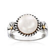 10mm Cultured Pearl Rope Trim Ring in Sterling Silver with 14kt Yellow Gold
