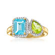 1.50 Carat Swiss Blue Topaz and .50 Carat Peridot Toi et Moi Ring with .20 ct. t.w. White Topaz in 18kt Gold Over Sterling