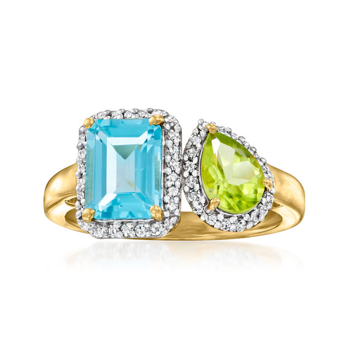 1.50 Carat Swiss Blue Topaz and .50 Carat Peridot Toi et Moi Ring with .20 ct. t.w. White Topaz in 18kt Gold Over Sterling