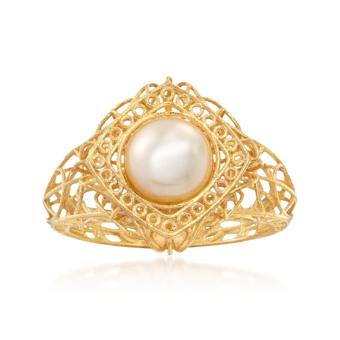 Italian 8mm Cultured Pearl Openwork Ring in 18kt Gold Over Sterling