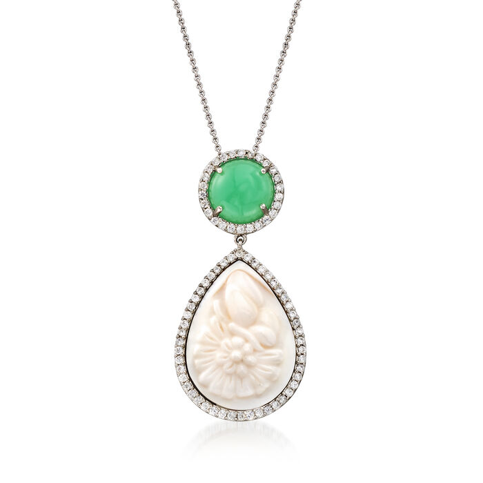Green Chrysoprase, Shell and 1.45 ct. t.w. CZ Necklace in Sterling Silver