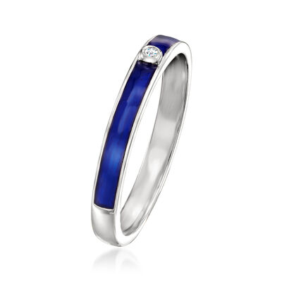 Diamond-Accented Blue Enamel Ring in Sterling Silver