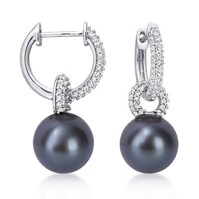 9-9.5mm Black Cultured Tahitian Pearl and .51 ct. t.w. Diamond Removable Hoop Drop Earrings in 14kt White Gold