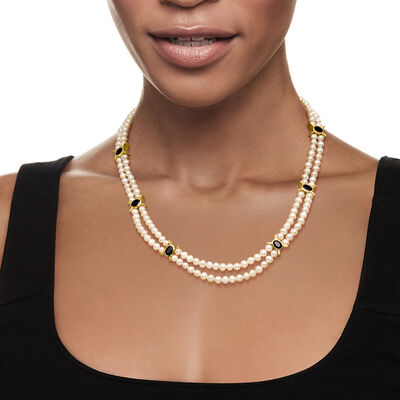 4.5-5.5mm Cultured Pearl and 5.75 ct. t.w. Sapphire Station Necklace in 18kt Gold Over Sterling