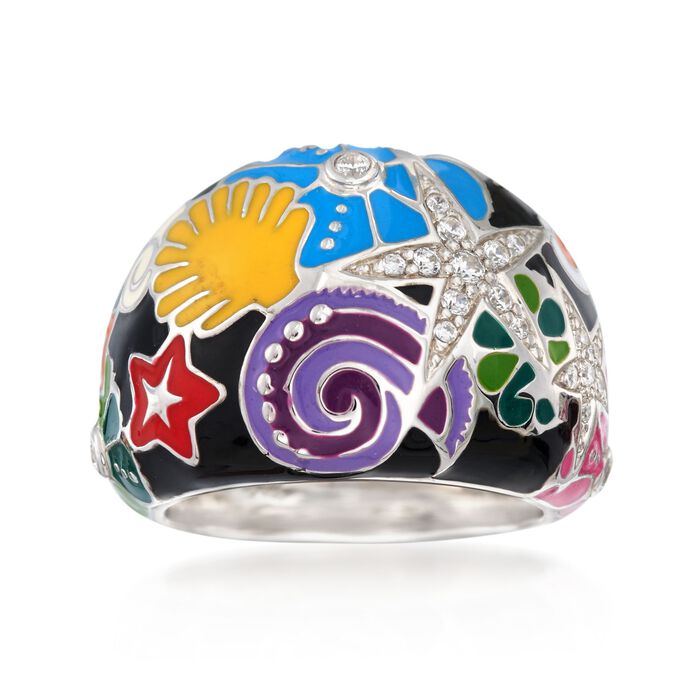 Belle Etoile &quot;Starfish&quot; Black and Multicolored Enamel Ring with CZs in Sterling Silver