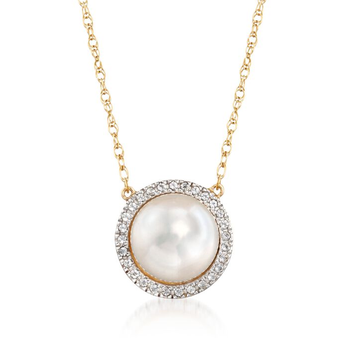 9.5-10mm Cultured Pearl and .10 ct. t.w. White Topaz Necklace in 14kt Yellow Gold