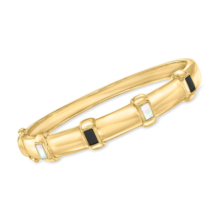 Mother-of-Pearl and Black Agate Bangle Bracelet in 18kt Gold Over Sterling