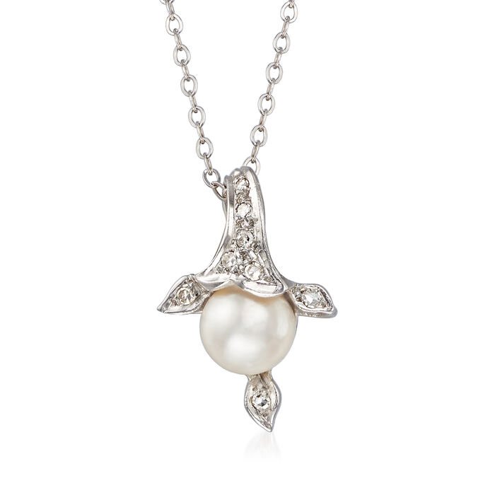 C. 1970 Vintage 7mm Cultured Pearl and .10 ct. t.w. Diamond Pendant Necklace in 14kt White Gold